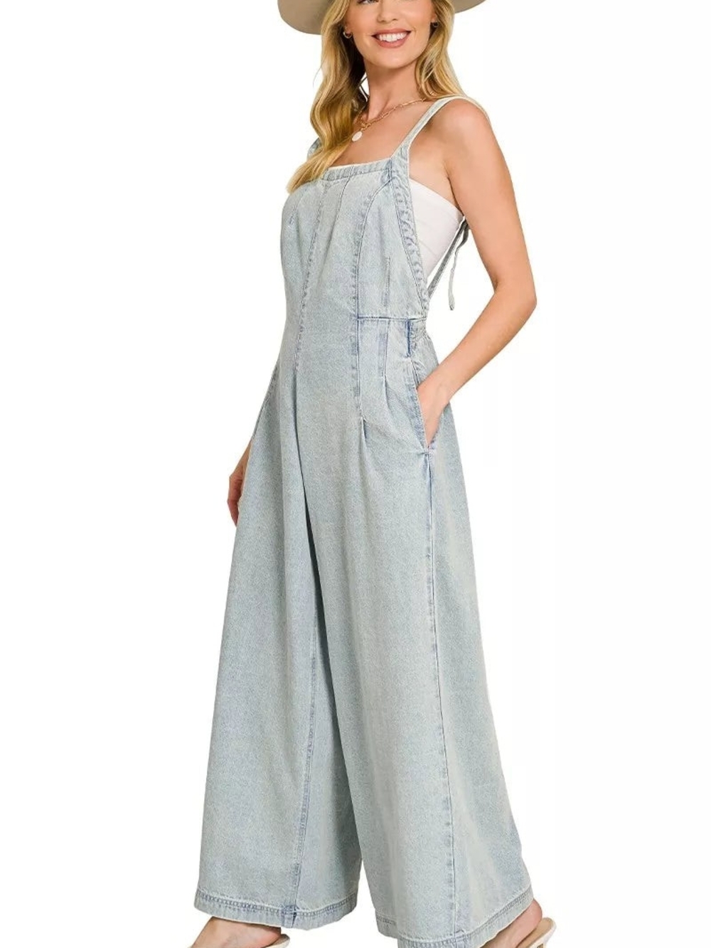 Zenana Outfitters Light Blue Wide Leg Denim Jumpsuit Overalls